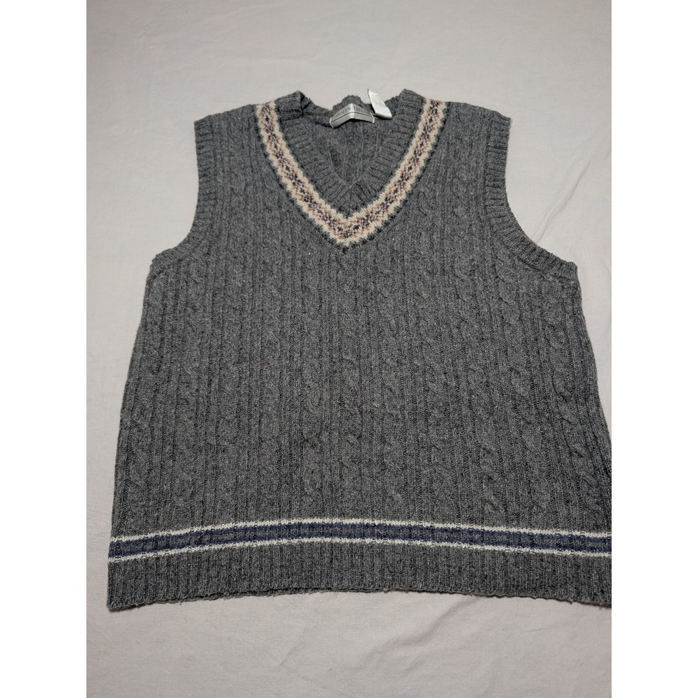 Carolyn Taylor Gray Cable Knit V-Neck Sweater Vest Ramie Wool Blend Large